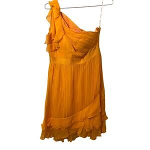 Phoebe Couture Marigold Silk Ruched Asymmetrical Cocktail Dress, one shoulder, 6